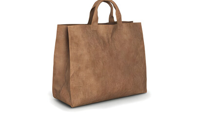 A light brown paper shopping bag, featuring simple handles.  The bag's surface displays slight texture and creases, suggesting use