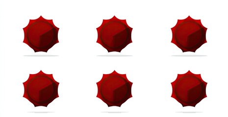 Six red star-shaped badges with a partial dark circle inside, set against a white background.  Each badge has a subtle shadow