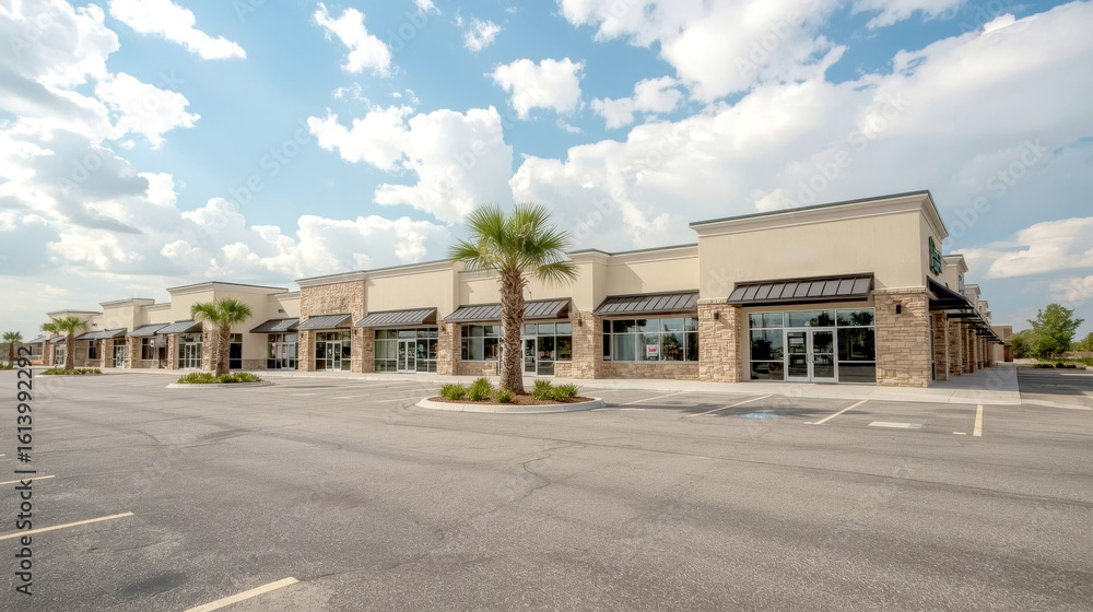 Pastel storefront mall. modern strip mall or commercial building with ...