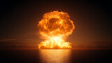 A mushroom cloud rises above the ocean, illuminated by an internal glow. The sky is a dark orange, contrasting with the bright explosion.