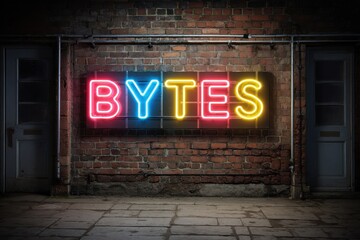 Wall Mural - Fluorescent Bytes: Bright Neon Sign Art on Black Brick Wall - Colourful Alphabet Advertisement
