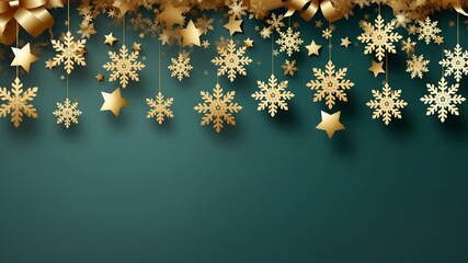 Wall Mural - Festive background for Christmas and New Year. Golden stars and snowflakes, confetti on emerald background with space for text. Concept of Christmas and New Year holidays.
