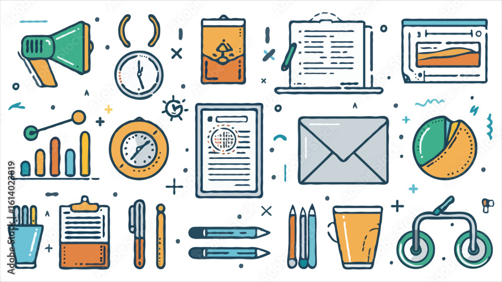Colorful Office and Business Icons Doodle Set Hand Drawn Style Diverse ...