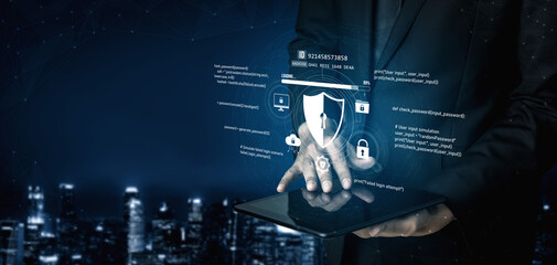 Wall Mural - cyber security protects against breaches, hacks, and network attacks using strong infrastructure and