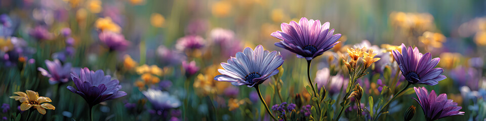 Wall Mural - A field of flowers with a few purple flowers in the foreground. The field is lush and green, with a bright yellow and purple color scheme. The flowers are scattered throughout the field