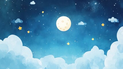 Wall Mural - A serene night sky illustration featuring a bright full moon, clouds, and stars.