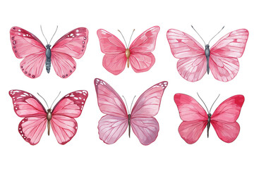 Wall Mural - Pink watercolor butterflies isolated on a transparent background in PNG format.