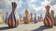© L.H - Colorful mosaic vases in a field, under a partly cloudy sky.  Rows of  decorative, abstract pottery, with patterned stripes in a variety of colors