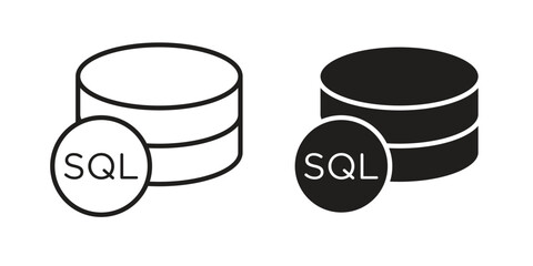 SQL icon in a black stroke vector design and flat solid version on white background