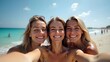 © Konstantin - Three cheerful women enjoying a seaside selfie on a sunny day