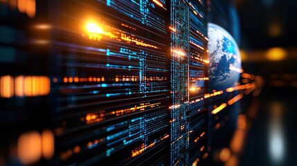 Abstract digital representation of data flow, earth, and technology connections.