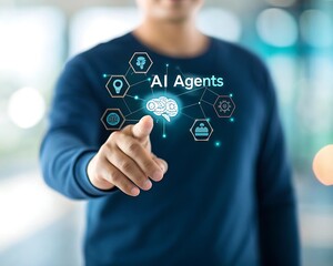ai agents concept displayed with augmented reality and a man pointing towards it visualizing the fut
