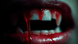 © SB4 GM - Vampire fangs with blood drip, close-up sharp fangs with blood drops, soft dim light, horror fantasy photo