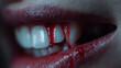© SB4 GM - Vampire fangs with blood drip, close-up sharp fangs with blood drops, soft dim light, horror fantasy photo