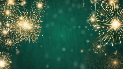 Wall Mural - green background with fireworks in the foreground. the fireworks are in different sizes and are scat