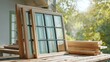 © Oleksandr - Window panes with light wood frames sit on a wooden table outdoors in a natural setting. Stack of matching wood nearby. Warm sunny ambiance.