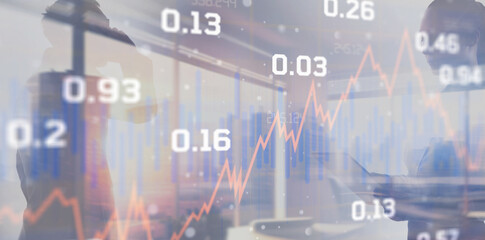 Wall Mural - Double exposure of abstract financial graph on office buildings background traders concept
