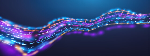 AI data wave abstract background with tech line patterns and digital network flow. Futuristic 3D blue vector design for cyber security and big data concepts. Cosmic motion effect. Vector Illustration.