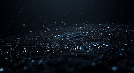 Abstract digital technology background with glowing data particles on a circuit board.