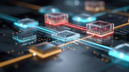 Wall Mural - multiple transparent microchips processing data simultaneously on a futuristic circuit board, with g