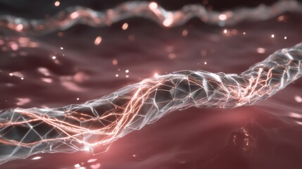 Wall Mural - complex geometric plexus structure emitting vibrant orange light, floating on a dynamic, rippling li