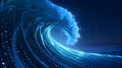 Wall Mural - electric blue ocean wave with digital data particles water technology, background, new, latest, web,