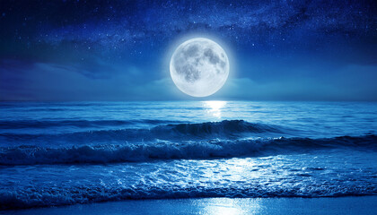 Wall Mural - breathtaking night seascape full moon starry sky glowing waves in blue tones