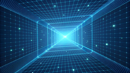 Wall Mural - glowing blue digital grid tunnel with bright light at the end image technology, background, new, lat