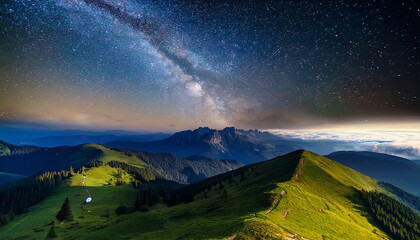 Wall Mural - breathtaking view of the milky way galaxy illuminating the dark night sky over a green mountain rang