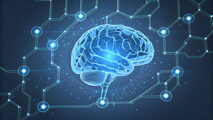 Wall Mural - glowing blue neural network connecting a luminous brain technology science technology, background, n