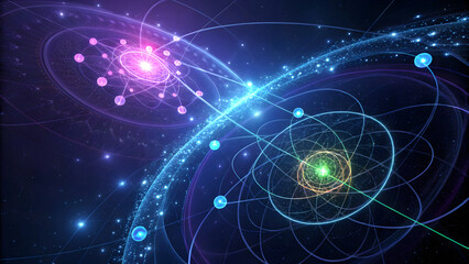 Wall Mural - glowing particles orbiting atomic structures with interconnected pathways abstract blue technology, 