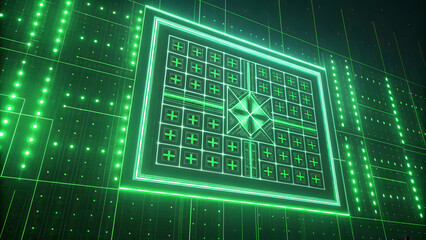 Wall Mural - neon green digital grid with circuit board and data interface technology technology, background, new