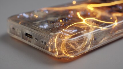 Wall Mural - close up of a biodegradable smartphone prototype featuring a translucent casing that reveals intertw