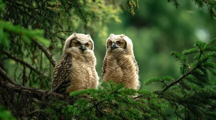 Two baby owls sit on a tree. They look around with big eyes.
