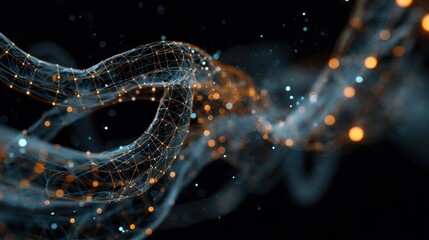 Wall Mural - Complex orange mesh structure with glowing dots is floating and rotating on a dark background with blue particles, creating a futuristic and technological atmosphere