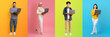 © Prostock-studio - Four individuals of different backgrounds stand against brightly colored backgrounds, each holding a laptop.