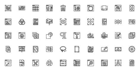 editorial design vector icon set. minimalist layout tools collection. includes grid, typography, cmy