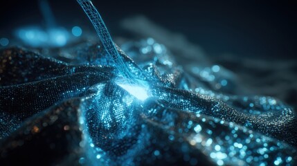 Wall Mural - Plasma welding process sealing futuristic asteroid mining bag, showcasing the shimmering metallic fabric and the intense blue glow of pulsed plasma welders in the darkness of space