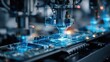 © Justlight - In a modern factory, a robotic arm precisely assembles a circuit board, highlighted by augmented reality graphics, showcasing the advanced automation and precision of modern manufacturing processes