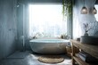 © happy - Light bathroom interior with douche and bathtub near window, mockup. High quality