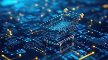 Wall Mural - digital shopping cart on a luminous circuit board displaying innovative integration of technology wi