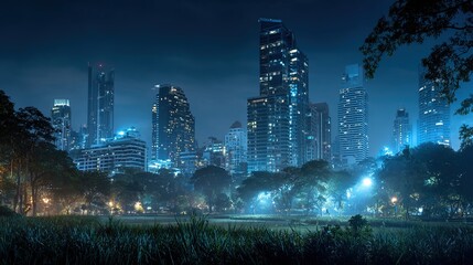 Bangkok skyline at night with illuminated skyscrapers and lush park in foreground, isolated on white background. Urban cityscape concept. High quality