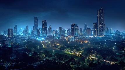 Bangkok skyline at night with illuminated skyscrapers and lush park in foreground, isolated on white background. Urban cityscape concept. High quality