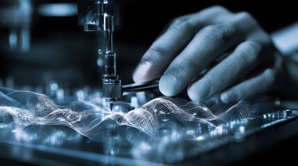 Wall Mural - technician manipulating a tool in a semiconductor lithography setup, emphasizing precise adjustments