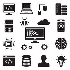 A collection of black and white icons representing computer programming, networking, artificial intelligence, and other technologyrelated concepts isolated on white background