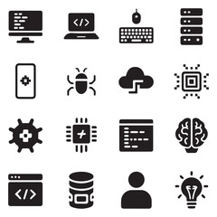 A collection of black and white icons representing computer programming, networking, artificial intelligence, and other technologyrelated concepts isolated on white background