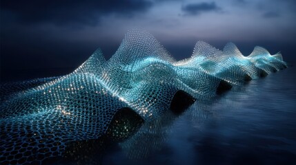Wall Mural - illuminated mesh structure forming wave patterns over a dark surface, creating a visually captivatin