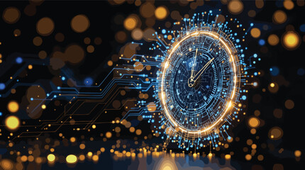 Abstract digital clock representing time technology future innovation data circuits.