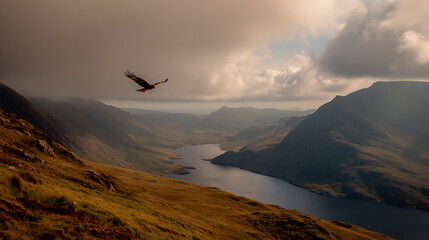 Wall Mural - Majestic Bird Soaring Over a Mountain Lake Landscape