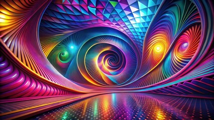Wall Mural - Abstract Colorful Swirling Tunnel Design with Vibrant Hues and Geometric Patterns in a Futuristic Setting